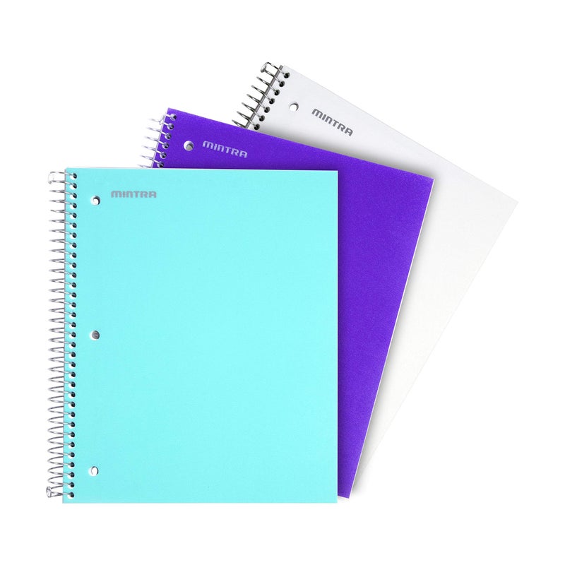 Mintra Office Durable Spiral Notebooks, 3 Subject (aTeal, Purple, White, Wide Ruled 3pk) - Image 1